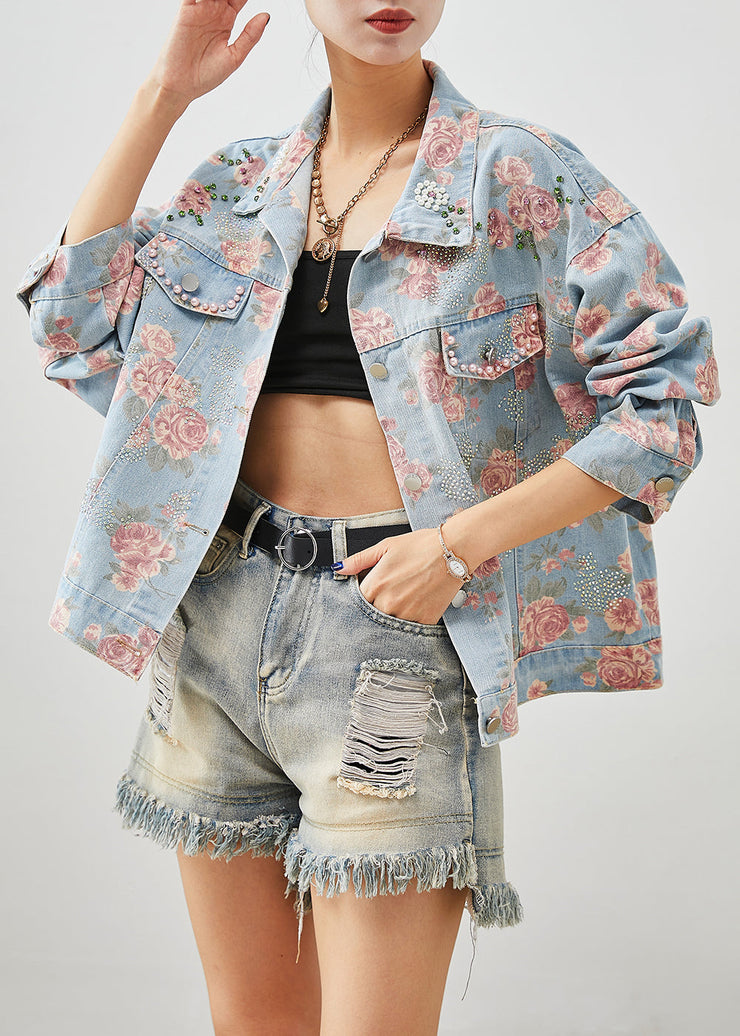 Boutique Blue Nail Bead Rose Print Denim Coats Fall