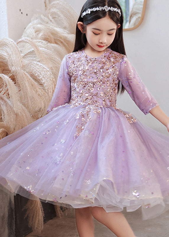 Boutique Blue O-Neck Sequins Patchwork Tulle Kids Long Dress Half Sleeve