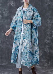 Boutique Blue Oversized Daisy Print Cotton Trench Coats Spring