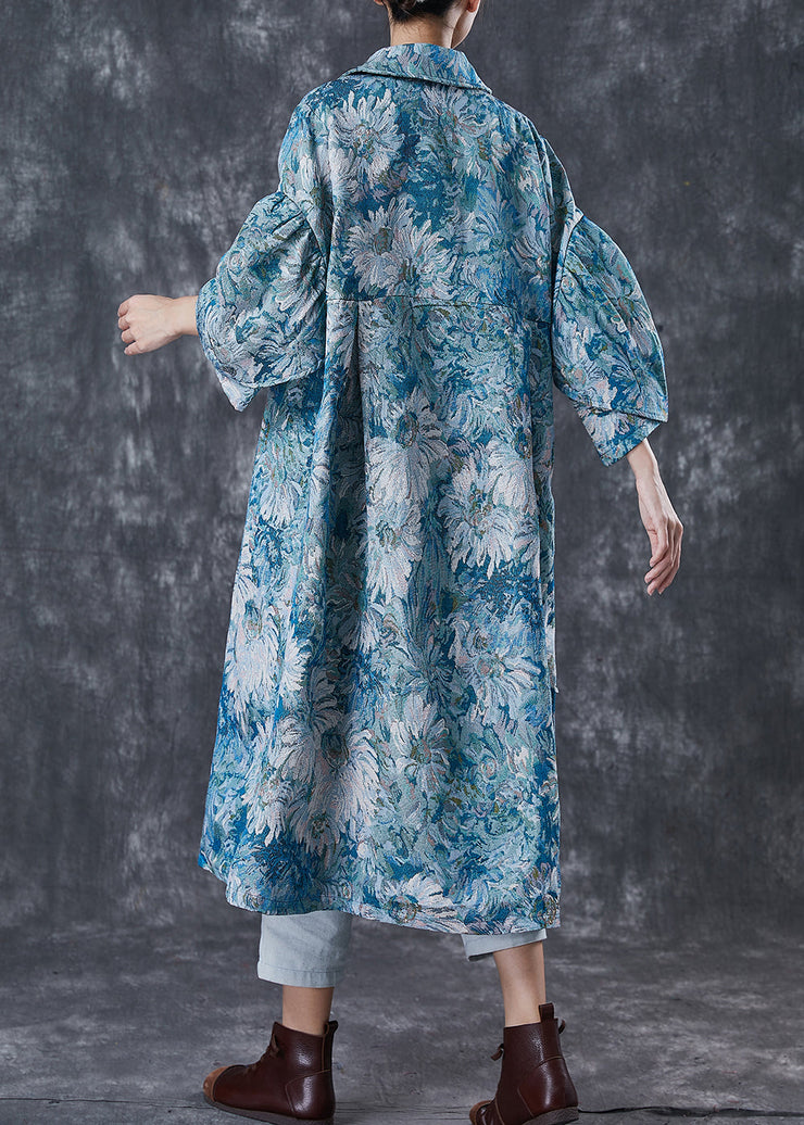 Boutique Blue Oversized Daisy Print Cotton Trench Coats Spring