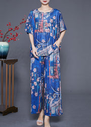 Boutique Blue Oversized Print Silk Two Pieces Set Summer