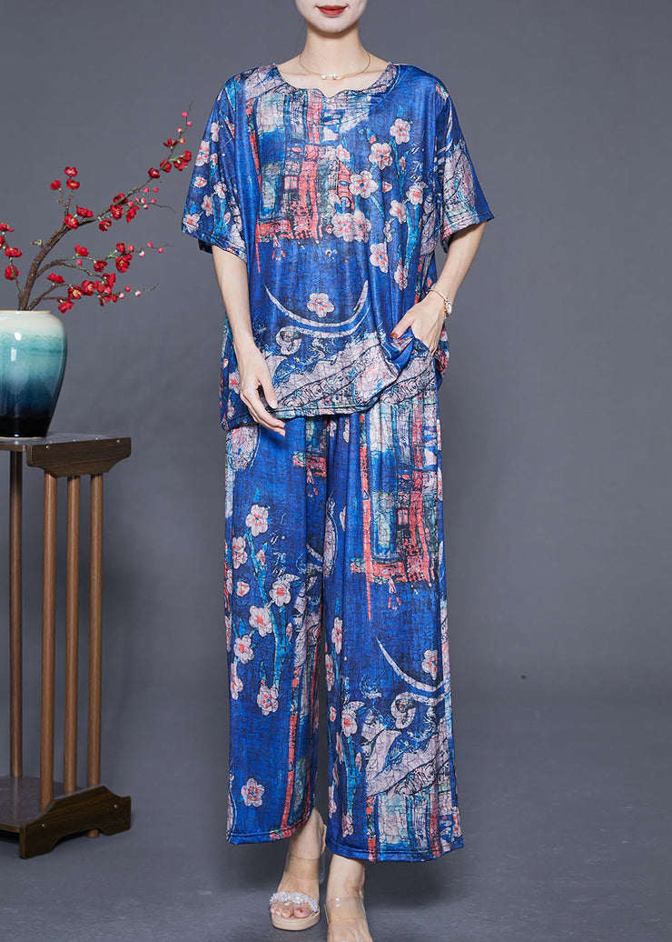 Boutique Blue Oversized Print Silk Two Pieces Set Summer