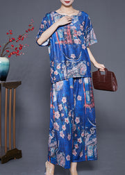 Boutique Blue Oversized Print Silk Two Pieces Set Summer