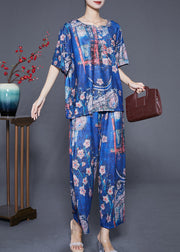 Boutique Blue Oversized Print Silk Two Pieces Set Summer