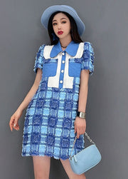 Boutique Blue Peter Pan Collar Button Plaid Cotton Mini Dresses Short Sleeve