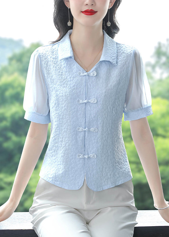 Boutique Blue Peter Pan Collar Chinese Button Cotton Tops Summer