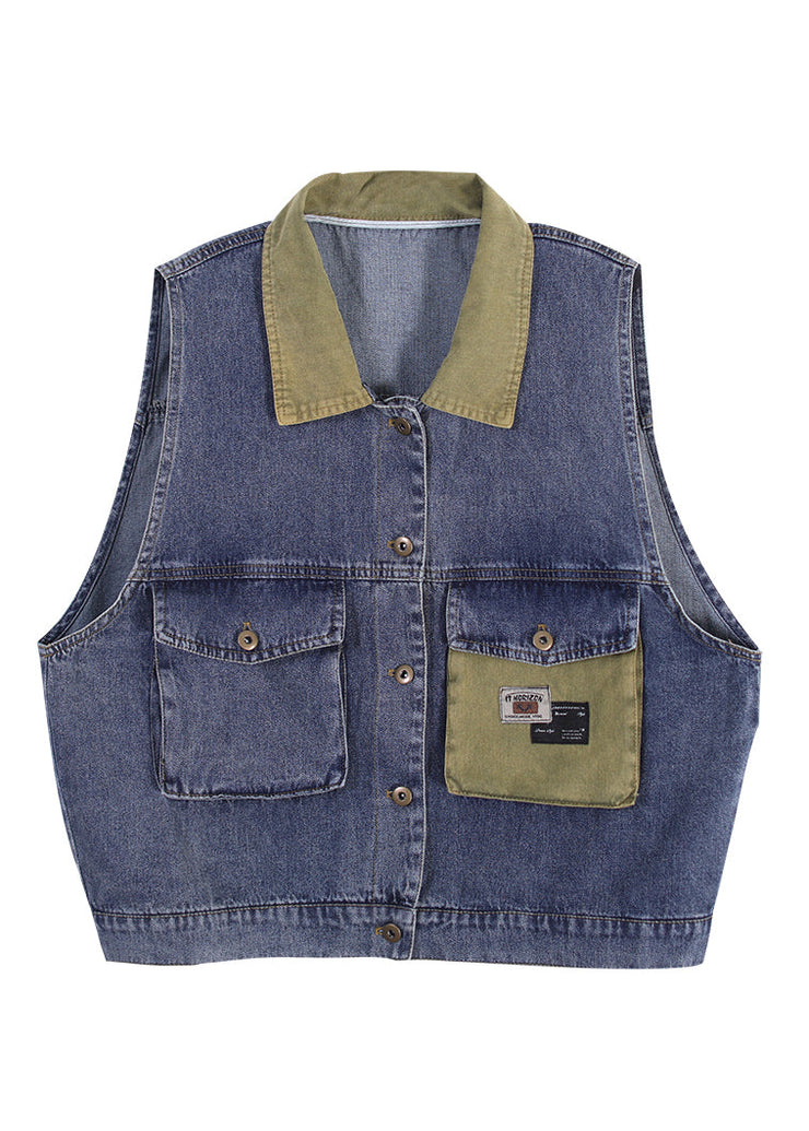 Boutique Blue Peter Pan Collar Patchwork Print Denim Waistcoat Fall