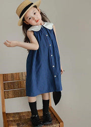 Boutique Blue Peter Pan Collar Striped Patchwork Cotton Baby Girls Dresses Summer