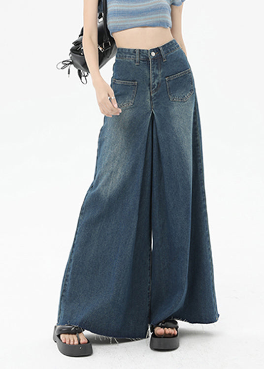 Boutique Blue Pockets High Waist Denim Wide Leg Pants Summer