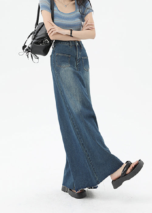 Boutique Blue Pockets High Waist Denim Wide Leg Pants Summer