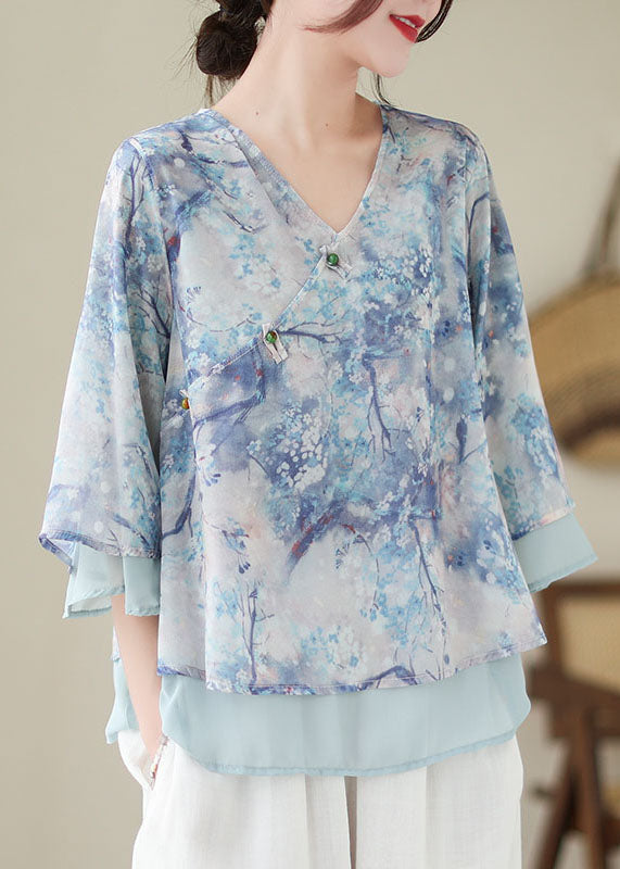 Boutique Blue Print Chinese Button Patchwork Chiffon Top Summer