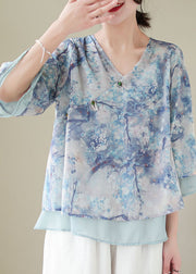 Boutique Blue Print Chinese Button Patchwork Chiffon Top Summer