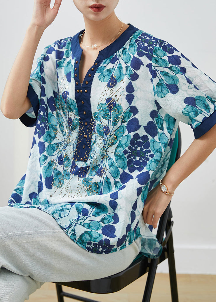 Boutique Blue Print Rivet Chiffon Blouse Top Summer