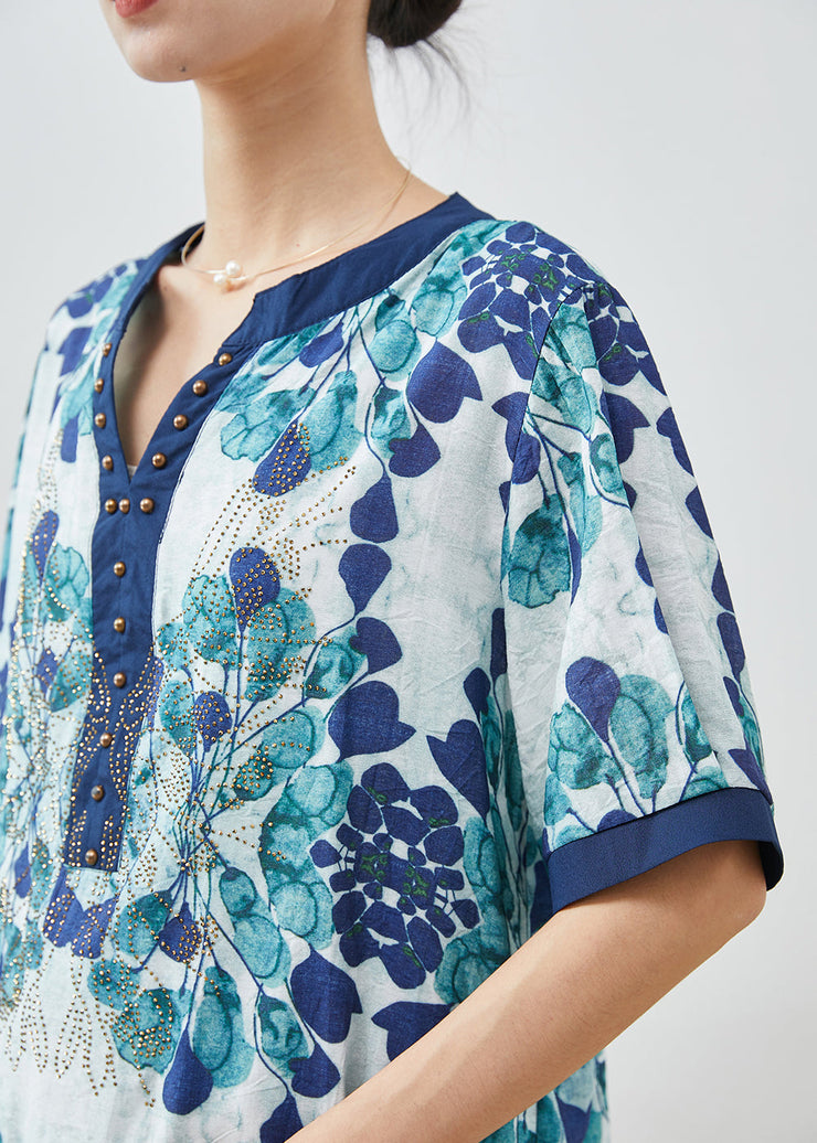 Boutique Blue Print Rivet Chiffon Blouse Top Summer