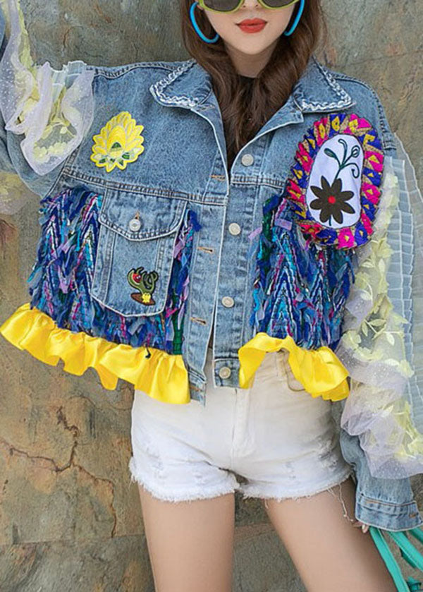 Boutique Blue Ruffled Pockets Floral Decorated Patchwork Denim Short Coat Spring