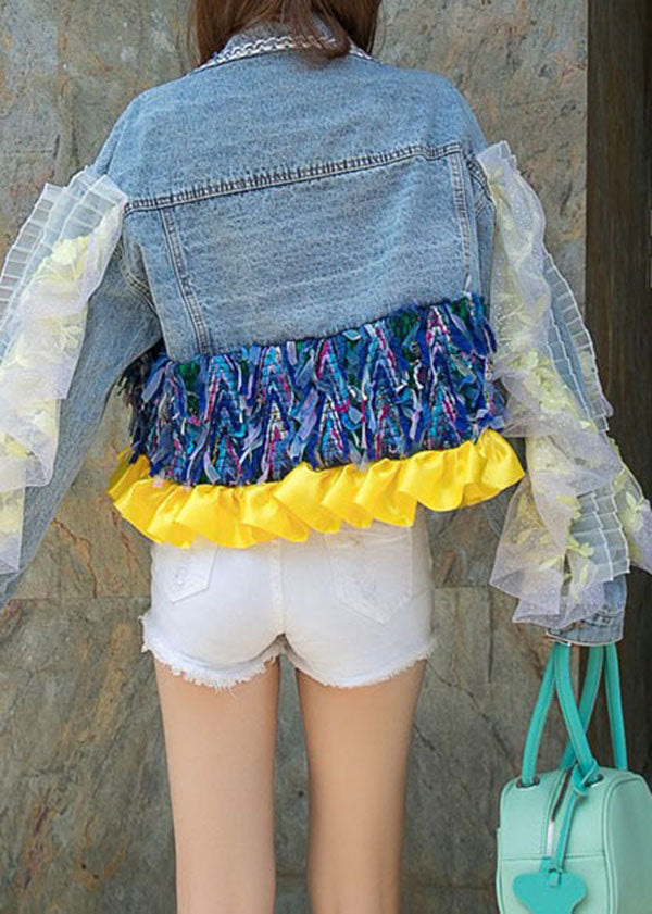 Boutique Blue Ruffled Pockets Floral Decorated Patchwork Denim Short Coat Spring