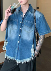 Boutique Blue Tasseled Patchwork Denim Mens Shirts Summer