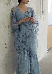 Boutique Blue V Neck Butterfly Tulle Long Smock Fall