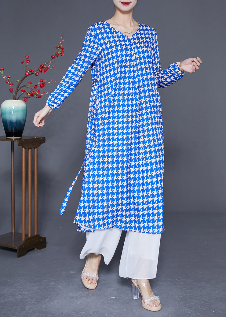 Boutique Blue V Neck Plaid Silk Holiday Dress Long Sleeve