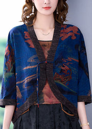 Boutique Blue V Neck Print Oriental Button Silk Loose Cardigan Batwing Sleeve