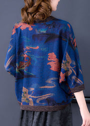 Boutique Blue V Neck Print Oriental Button Silk Loose Cardigan Batwing Sleeve