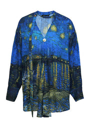 Boutique Blue V Neck Print Wrinkled Shirts Long Sleeve