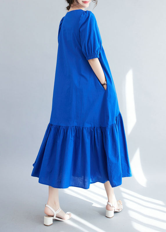 Boutique Blue V Neck Ruffled Patchwork Silk Long Dresses Summer