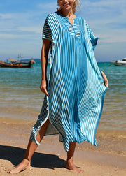 Boutique Blue V Neck Striped Patchwork Holiday Long Smock Summer