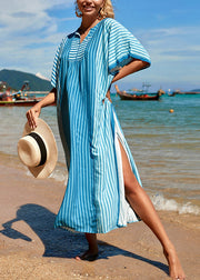 Boutique Blue V Neck Striped Patchwork Holiday Long Smock Summer