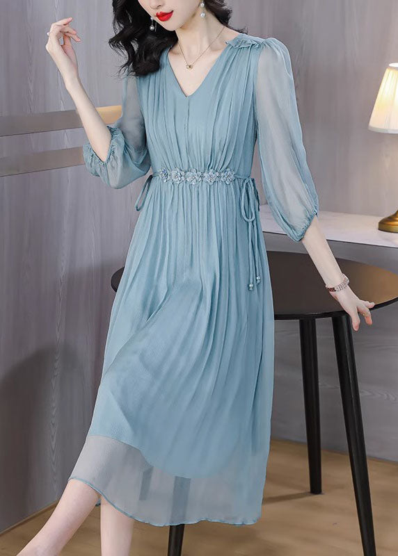 Boutique Blue V Neck Wrinkled Lace Up Silk Dress Summer