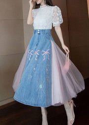 Boutique Blue Wrinkled Tulle Patchwork Embroideried Denim Skirts Summer