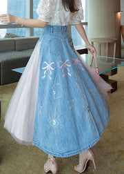 Boutique Blue Wrinkled Tulle Patchwork Embroideried Denim Skirts Summer