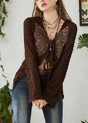 Boutique Brown Butterfly Lace Up Cotton T Shirt Top Fall