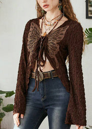 Boutique Brown Butterfly Lace Up Cotton T Shirt Top Fall