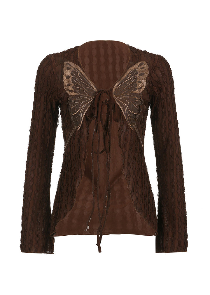 Boutique Brown Butterfly Lace Up Cotton T Shirt Top Fall