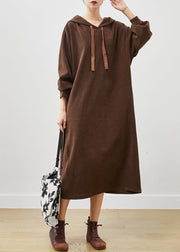 Boutique Brown Hooded Corduroy Long Dresses Spring