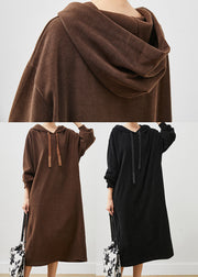 Boutique Brown Hooded Corduroy Long Dresses Spring