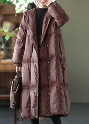 Boutique Brown Hooded Plaid Oversized Duck Down Puffer Long Coats Winter