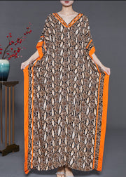 Boutique Brown Oversized Print Chiffon Dress Batwing Sleeve