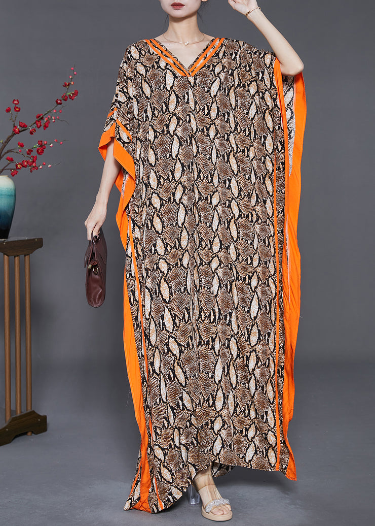 Boutique Brown Oversized Print Chiffon Dress Batwing Sleeve