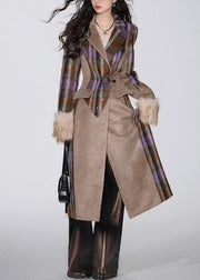 Boutique Brown Plaid Notched Patchwork Woolen Trench Winter