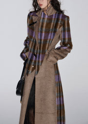 Boutique Brown Plaid Notched Patchwork Woolen Trench Winter