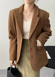 Boutique Caramel Brown Notched Pockets Button Woolen Coat Fall