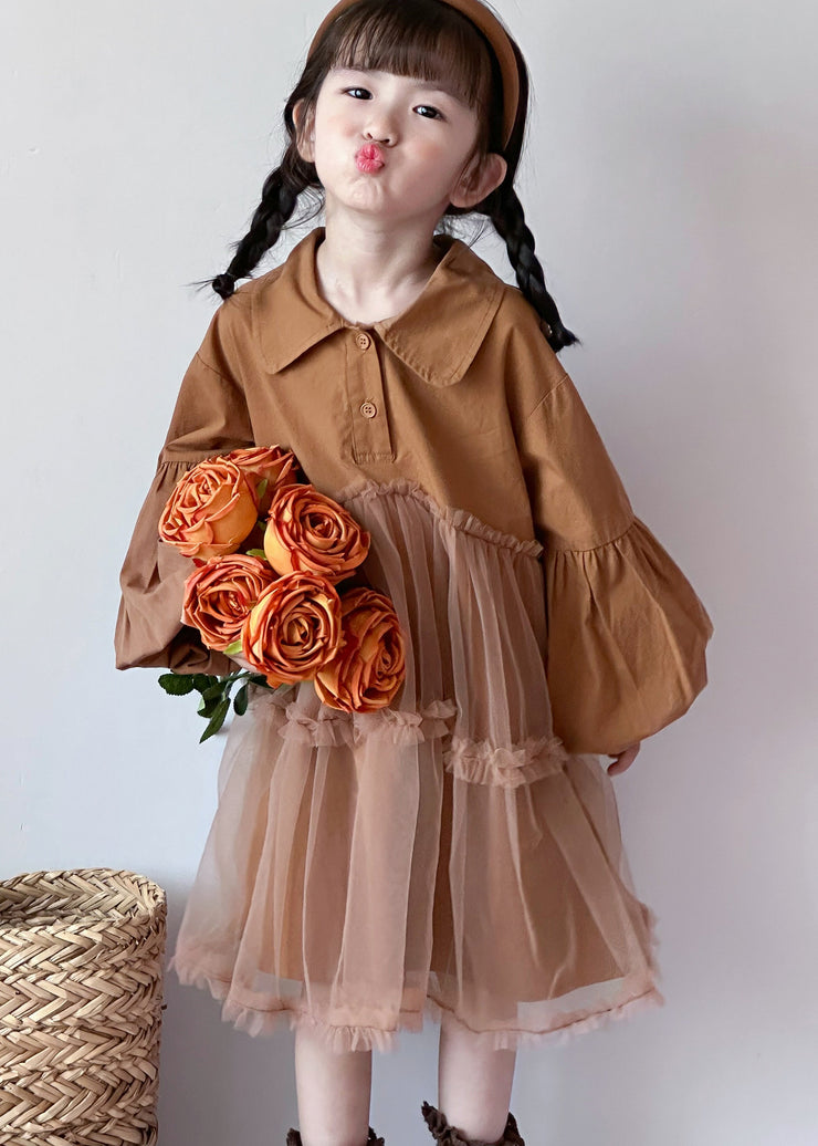 Boutique Caramel Peter Pan Collar Tulle Patchwork Cotton Baby Girls Dress Fall