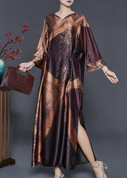 Boutique Caramel Print Side Open Silk Vacation Dresses Summer