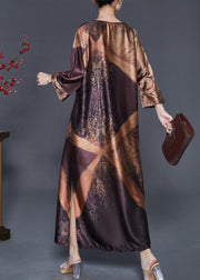 Boutique Caramel Print Side Open Silk Vacation Dresses Summer