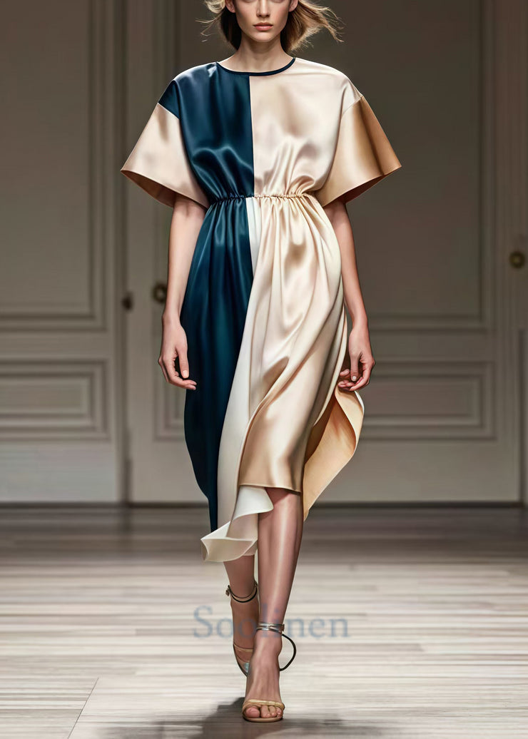 Boutique Champagne Cinched Patchwork Silk Long Dress Summer