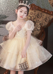 Boutique Champagne O-Neck Tulle Girls Mid Princess Dress Short Sleeve