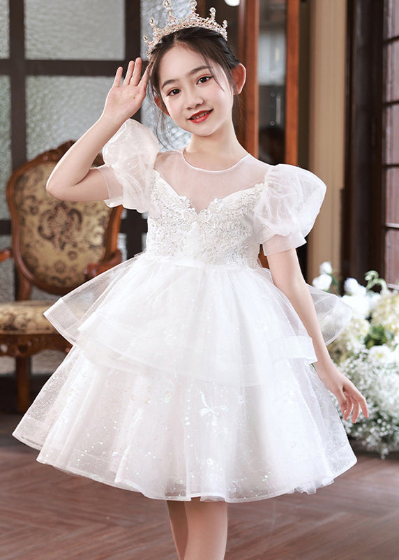 Boutique Champagne O-Neck Tulle Girls Mid Princess Dress Short Sleeve