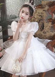 Boutique Champagne O-Neck Tulle Girls Mid Princess Dress Short Sleeve